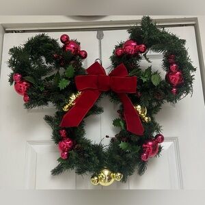 Festive Disney Mickey Mouse Holiday Wreath with Red Bow and Ornaments